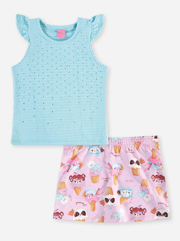 Conjunto Infantil Menina Regata com Strass e Short-Saia Sorvetes