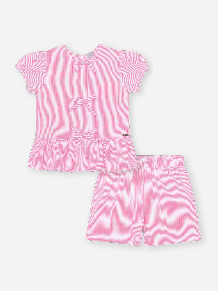 Conjunto Bebê Menina Bata com Laços e Shorts em Tricoline – Look Delicado Cinti Baby ROSA IOGURTE