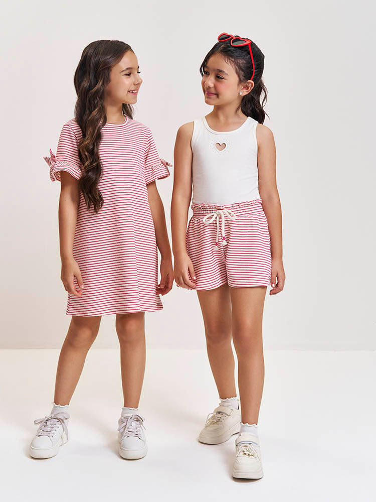 Conjunto Infantil com Regata em Cotton e Shorts Listrado – Look Menina Verão com Bordado Vazado e St NATURAL/RS CRUSH