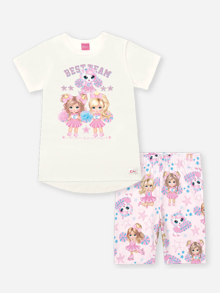 Conjunto Infantil Menina Cheerleader com Bermuda Ciclista Estampada NATURAL/RS CONFETE