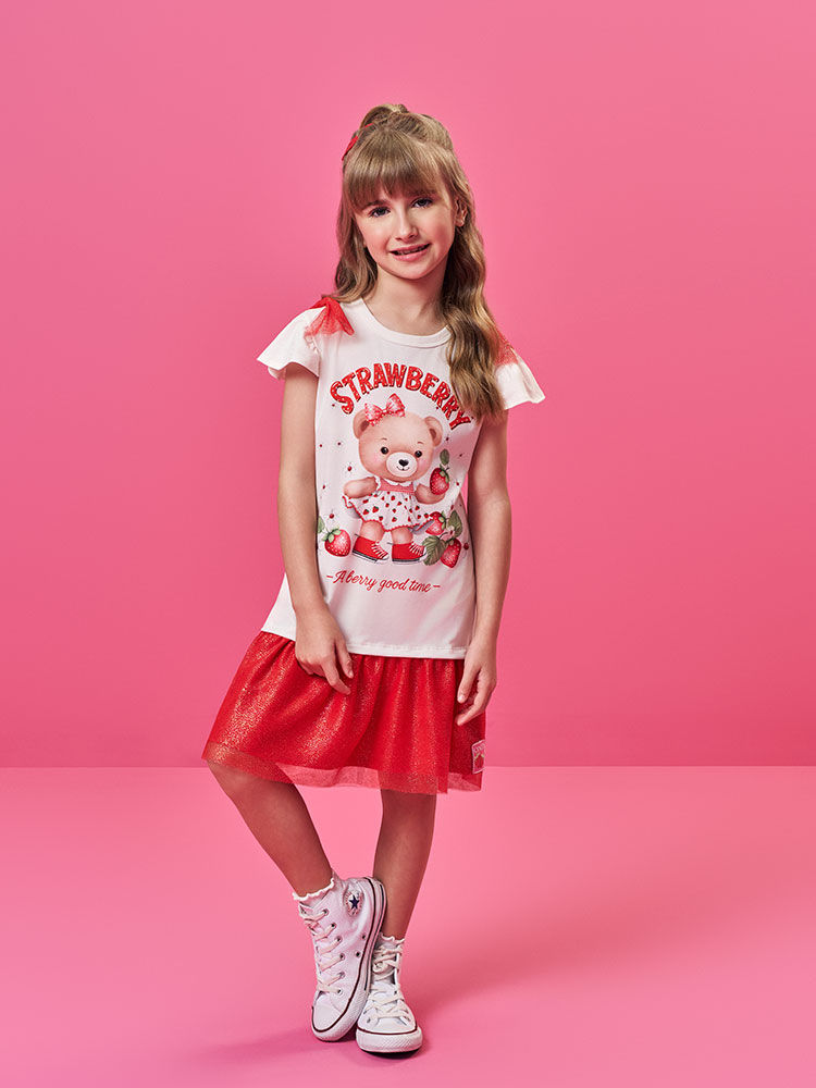 Vestido Infantil em Meia Malha com Tule Foil – Vestido Menina Verão com Estampa de Morango e Strass NATURAL/VM MARTE