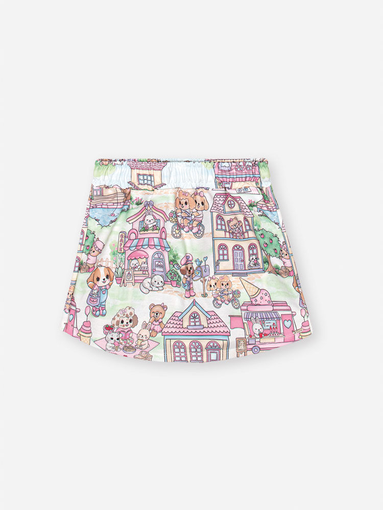 Conjunto Infantil com Blusa em Cotton e Shorts Saia de Cachorro – Look Menina Verão com Strass NATURAL/RS CONFETE