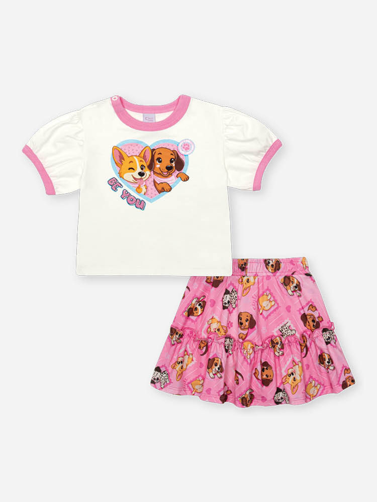 Conjunto Bebê Menina Cachorrinhas com Saia Shorts – Look Infantil Cinti Baby NATURAL/RS CONFETE