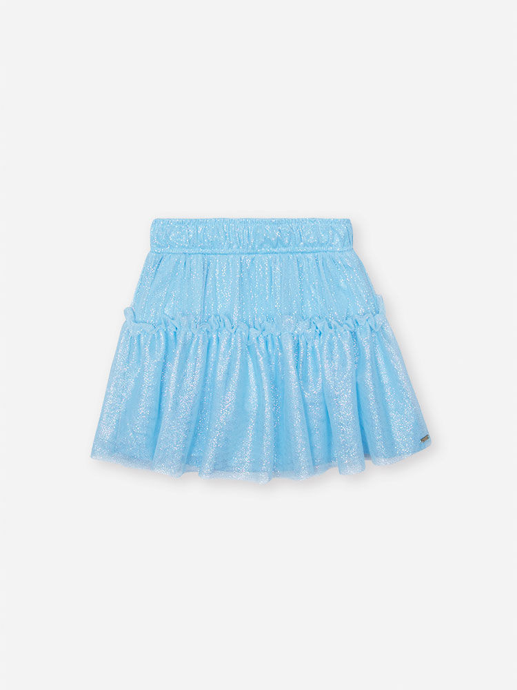 Conjunto Infantil com Blusa em Cotton e Saia Shorts com Tule Foil – Look Menina Verão com Strass NATURAL/AZ PORCELANA