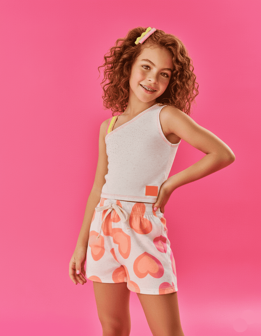 Conjunto Infantil Menina Blusa E Short Corações Off White E Laranja Neon Cinti Conjunto Infantil Menina Blusa E Short Corações Off White E Laranja Neon Cinti