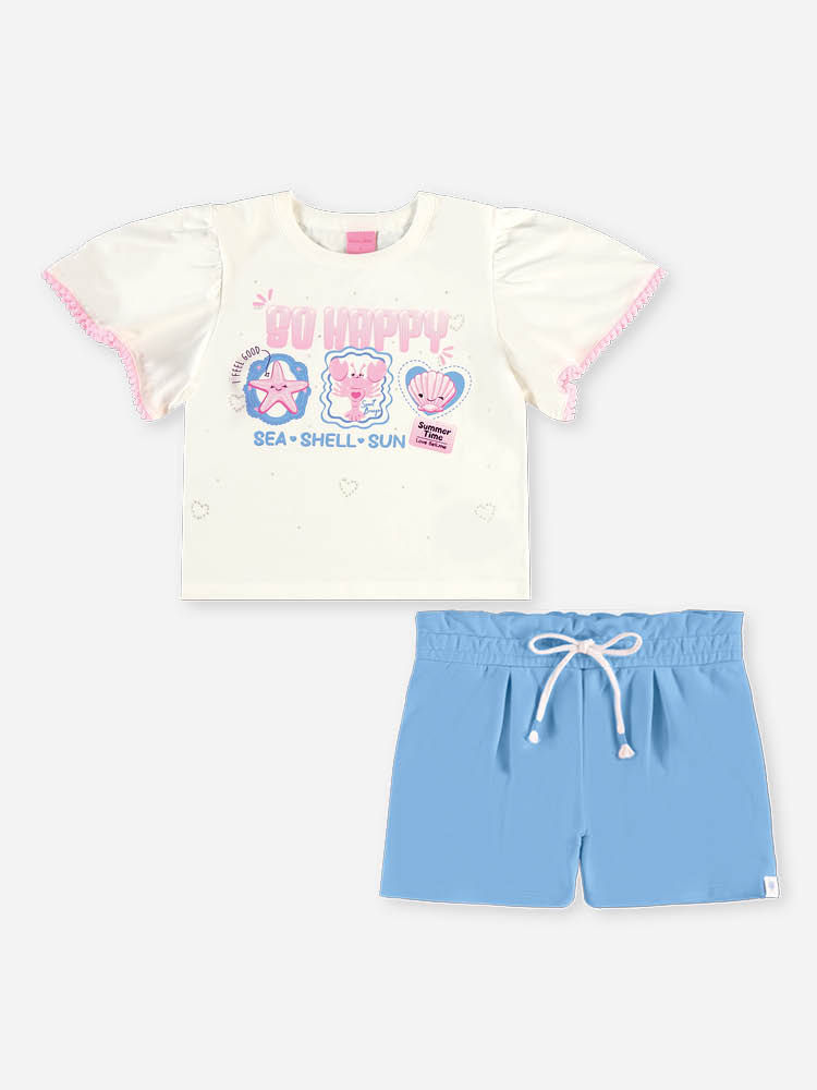 Conjunto Infantil Menina Blusa Boxy e Short Sea Shell com Strass