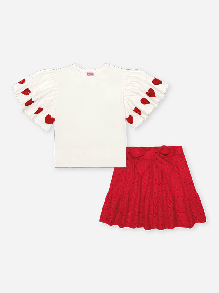 Conjunto Infantil de Festa com Blusa em Cotton e Saia Shorts em Laise Coração – Look Menina Verão co NATURAL/VM MARTE