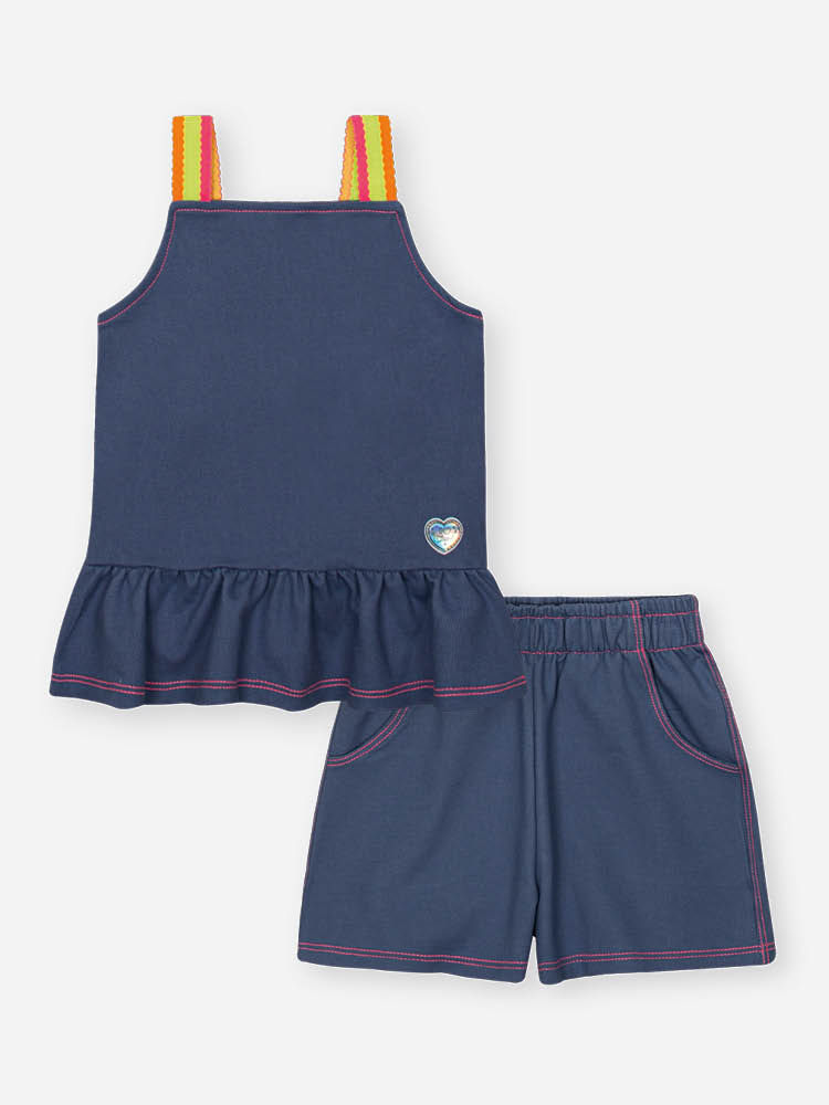 Conjunto Infantil com Regata Boxy e Shorts em Molecotton Denim – Look Menina Verão com Alças Colorid AZUL MARINHO