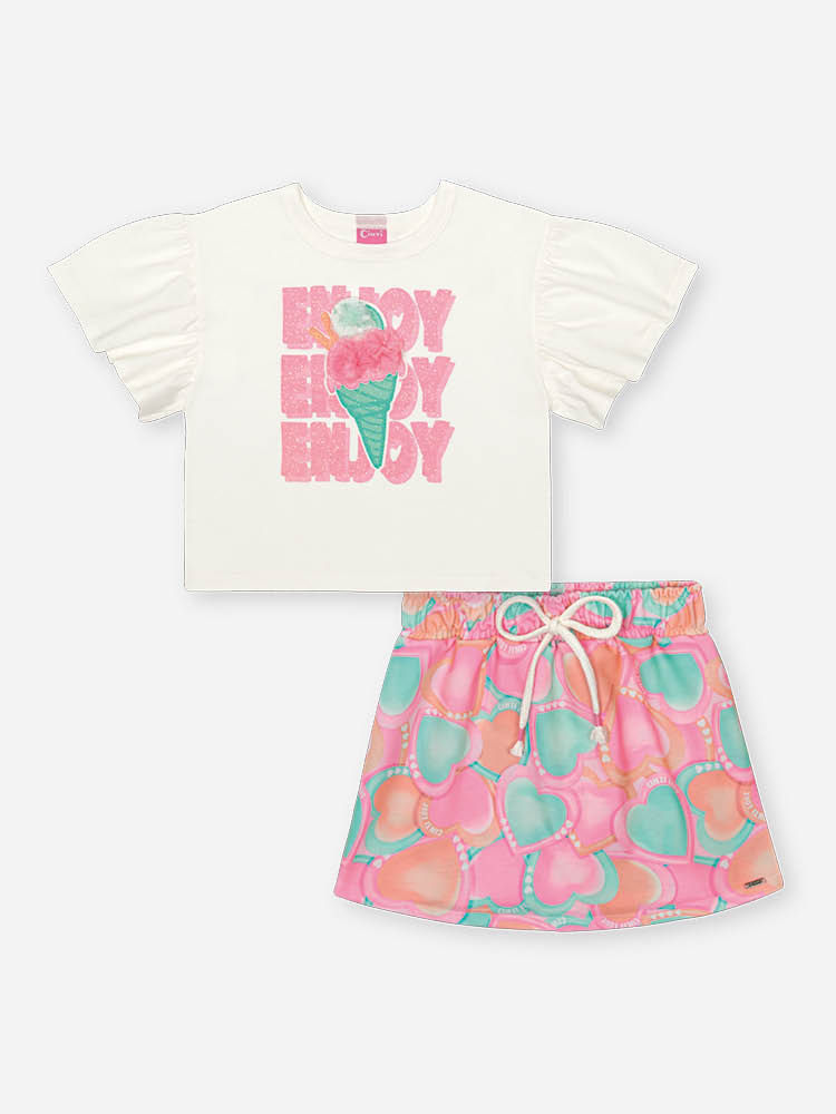 Conjunto Infantil Neon Love com Blusa Boxy e Shorts Saia Estampado – Look Menina Verão com Pompom de NATURAL/RS BARBIE