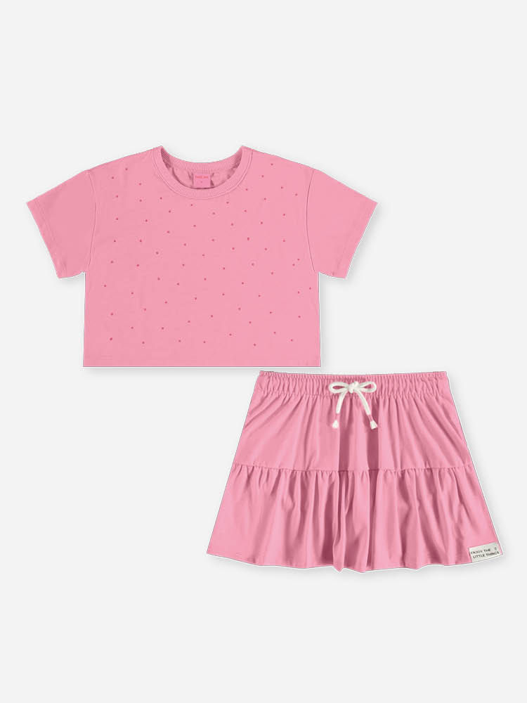 Conjunto Infantil Menina Cropped e Saia-Short com Strass Barbie