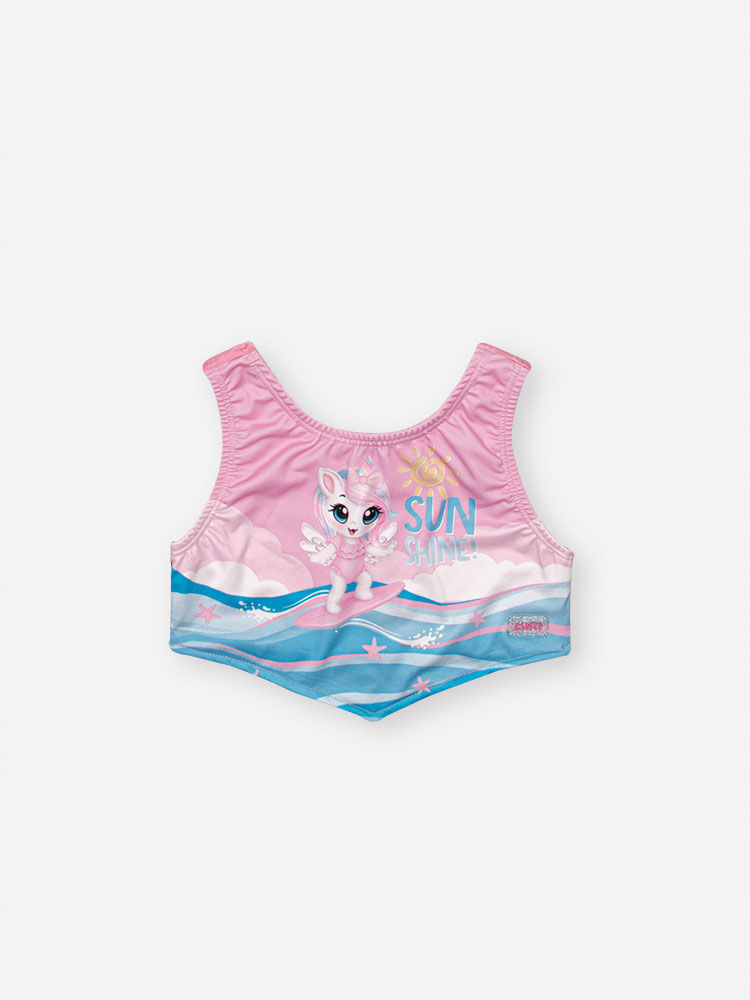 Biquíni Infantil em Malha UV com Estampa de Unicórnio e Shorts em Tela – Moda Praia Menina Verão ROSA IOGURTE