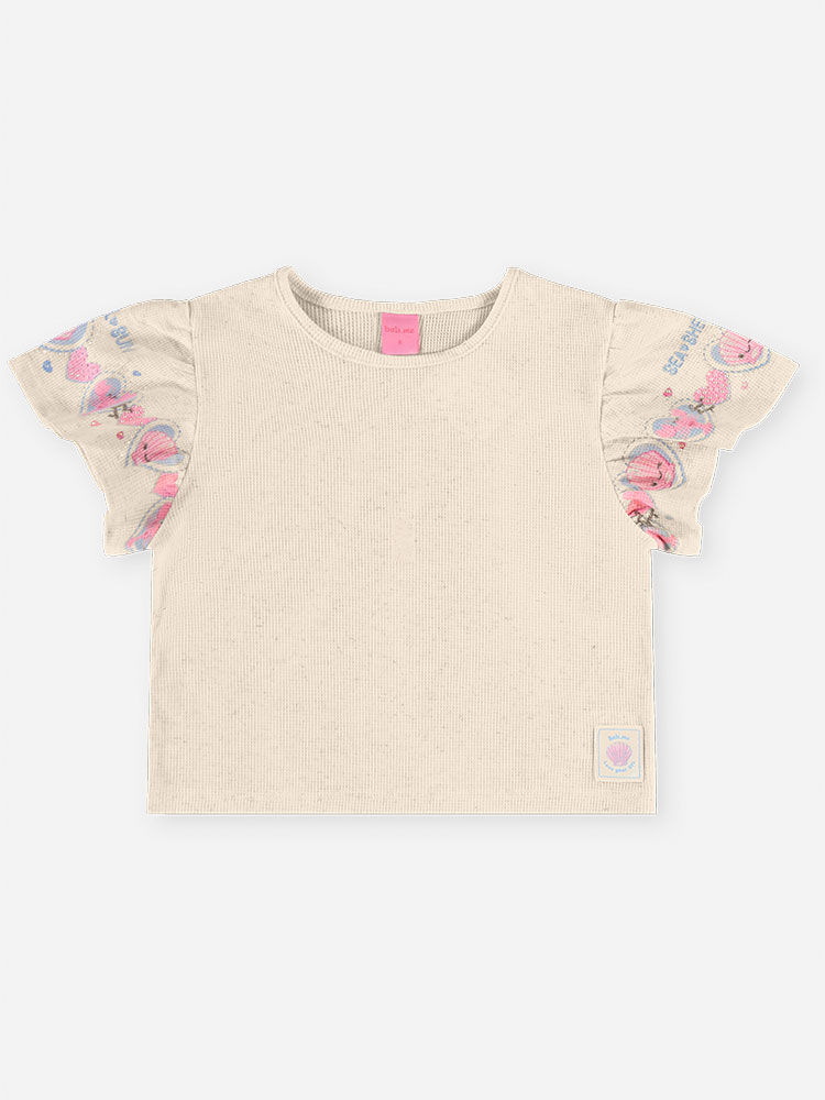 Conjunto Infantil Menina Blusa Boxy e Short Estampa Conchas com Strass