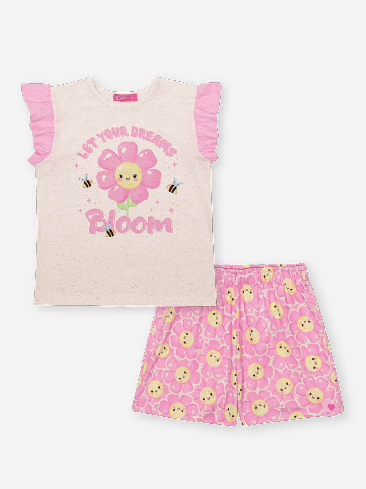 Pijama Infantil com Blusa e Shorts em Cotton Linho – Pijama Menina Verão de Margaridas OFF WHITE/RS IOGURTE