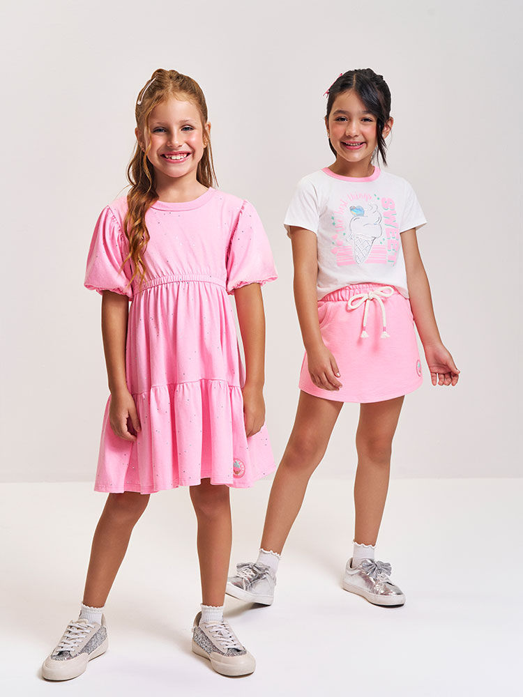 Conjunto Infantil Neon Love com Blusa Boxy e Shorts Saia em Moletom P.A – Look Menina Verão com Rele NATURAL/RS BARBIE