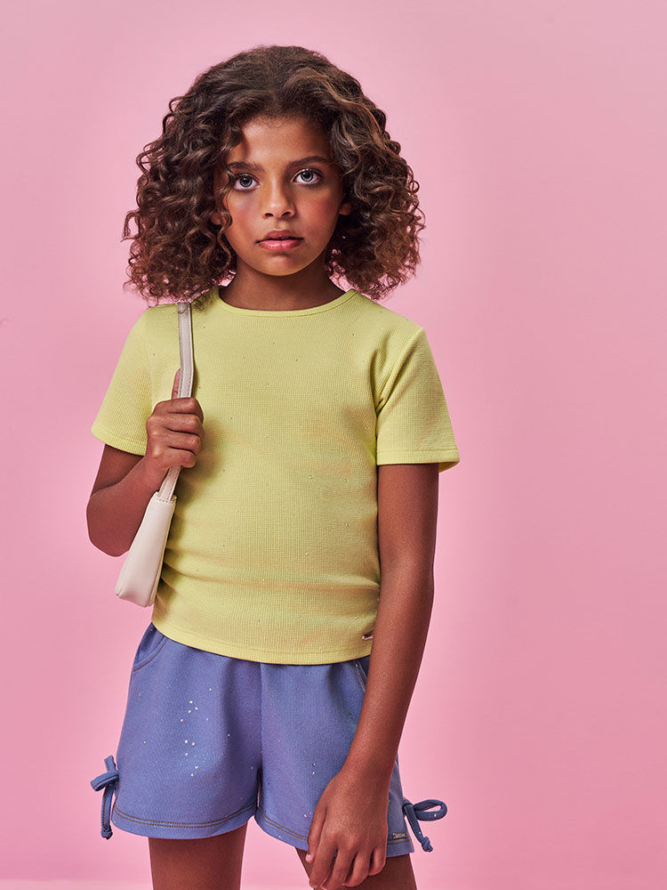 Short Infantil Menina Jeans com Glitter e Laços Laterais