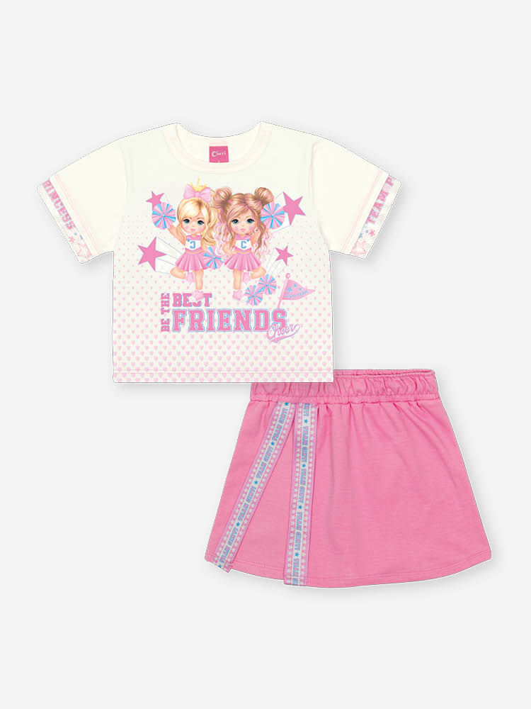 Conjunto Infantil Best Friends com Shorts Saia em Moletinho – Conjunto Menina Cinti NATURAL/RS CONFETE