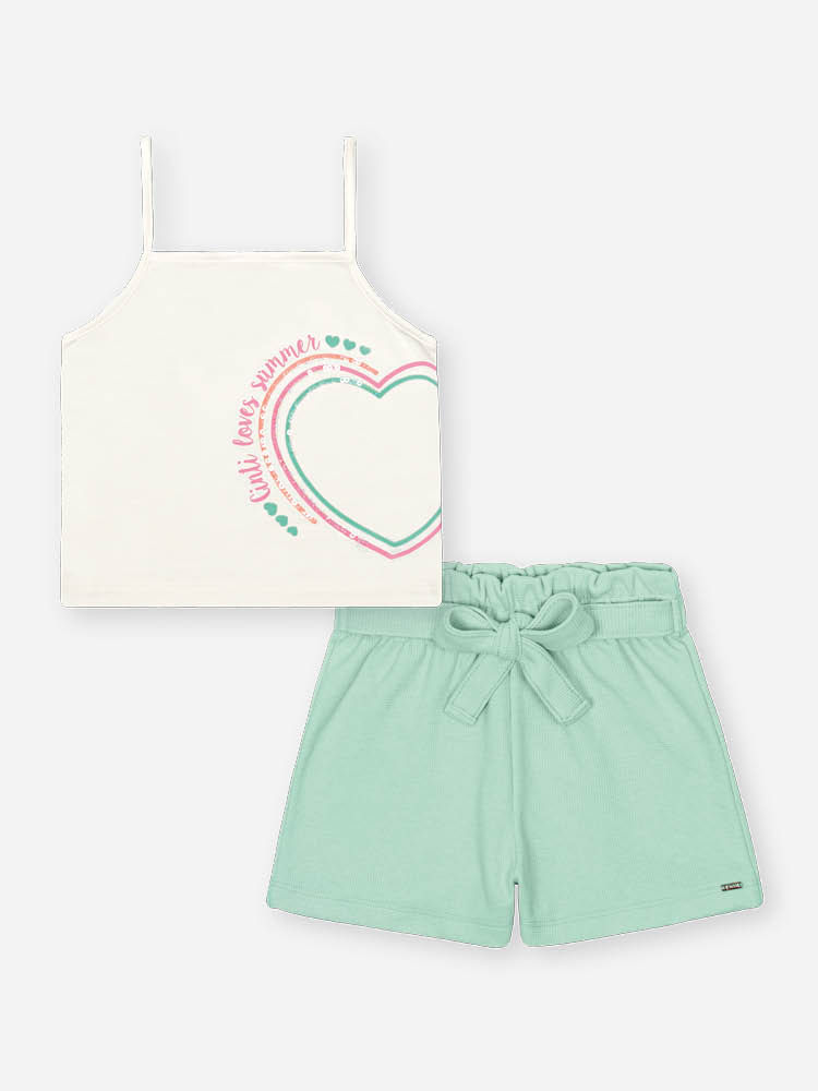 Conjunto Infantil Neon Love com Regata Cropped em Cotton e Shorts em Moletinho Waffle – Look Menina NATURAL/VD BRISA
