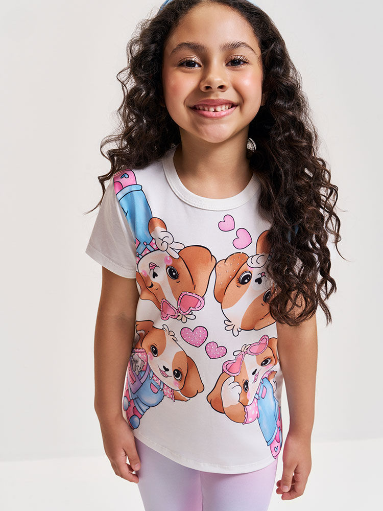 Conjunto Infantil com Blusa Cachorrinhos e Legging em Suplex – Look Menina Verão com Strass NATURAL/RS IOGURTE
