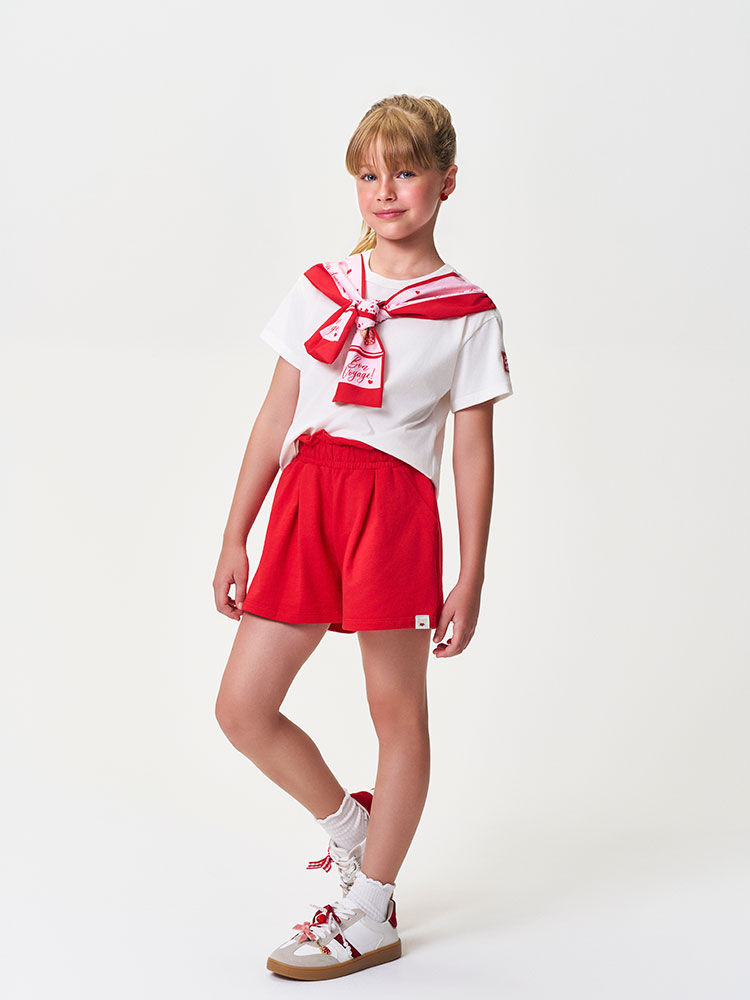 Conjunto Infantil Menina Blusa Boxy com Lenço e Short Vermelho