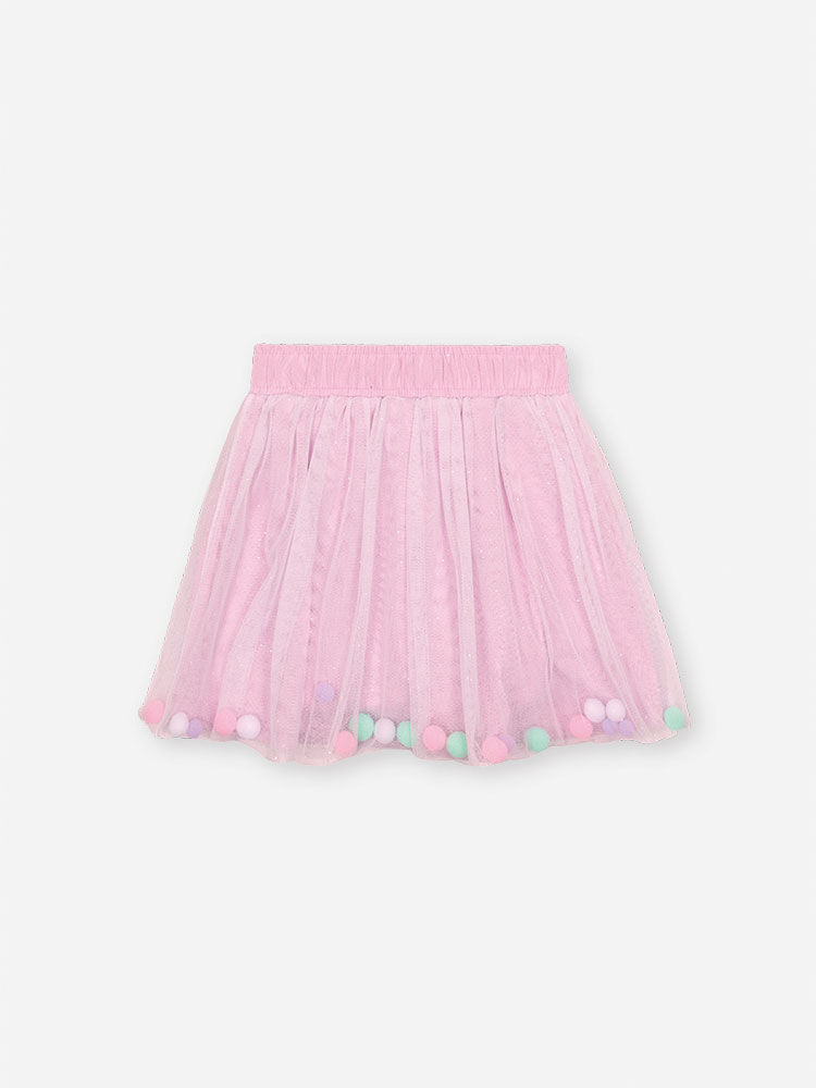 Saia-Shorts Infantil Cinti em Meia Malha com Tule Glitter e Pompons ROSA BARBIE