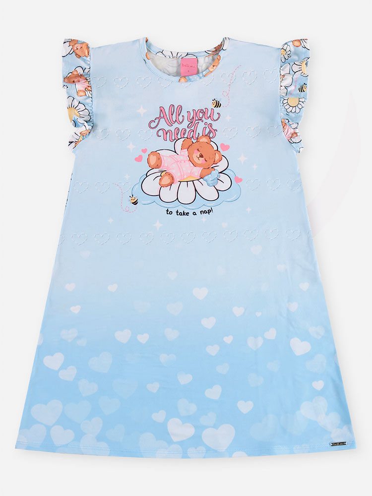 Camisola Infantil Menina Azul com Ursinha em Malha Suede