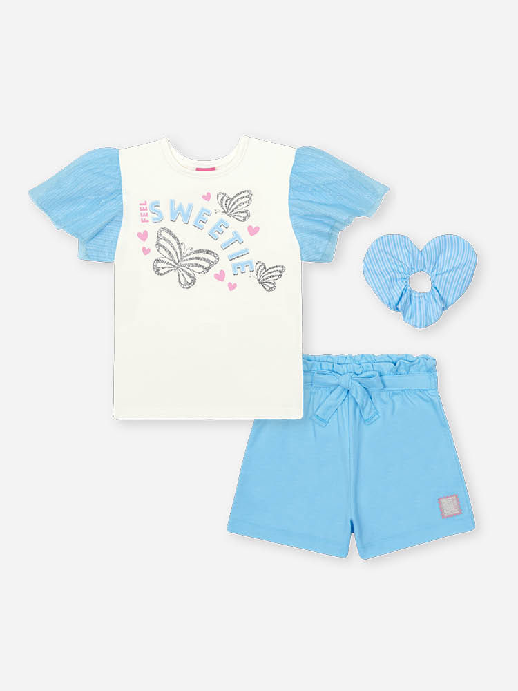 Conjunto Infantil com Blusa de Manga Tule, Shorts e Scrunchie – Look Menina Verão com Algodão NATURAL/AZ PORCELANA