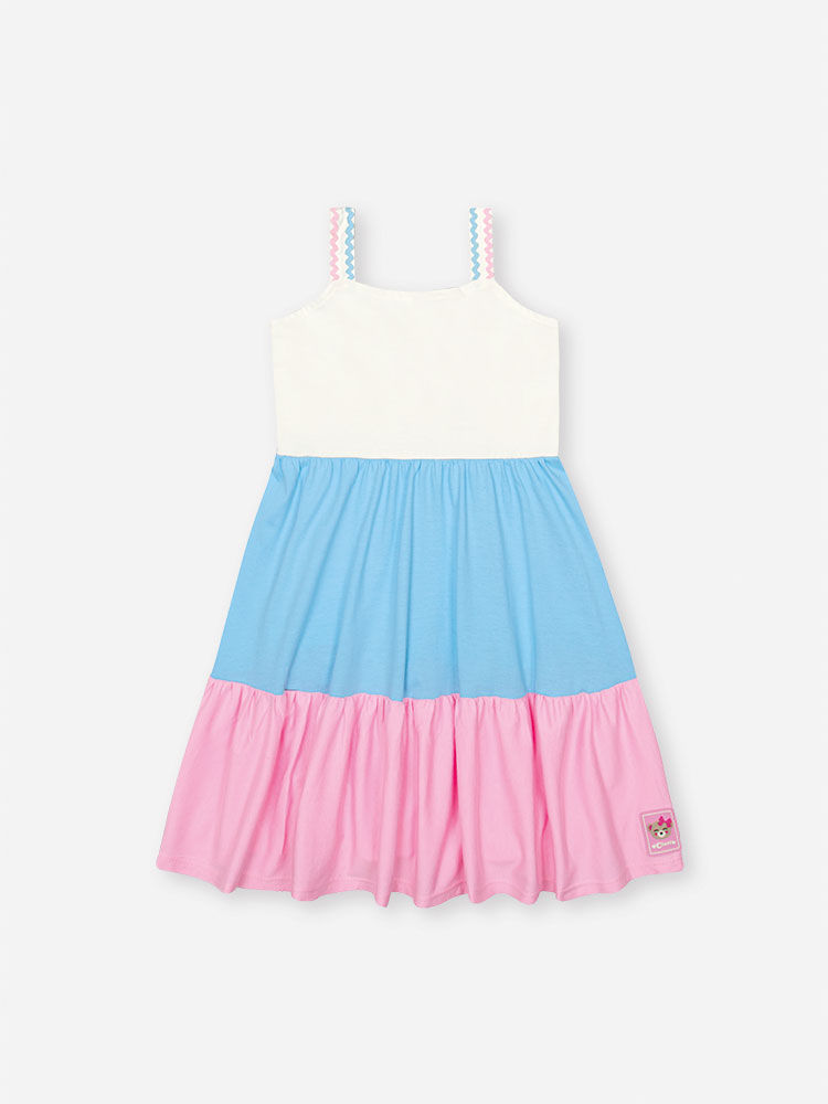 Vestido Infantil em Meia Malha – Vestido Menina Verão Color Block NATURAL/AZ PORCELANA/RS IOGURTE