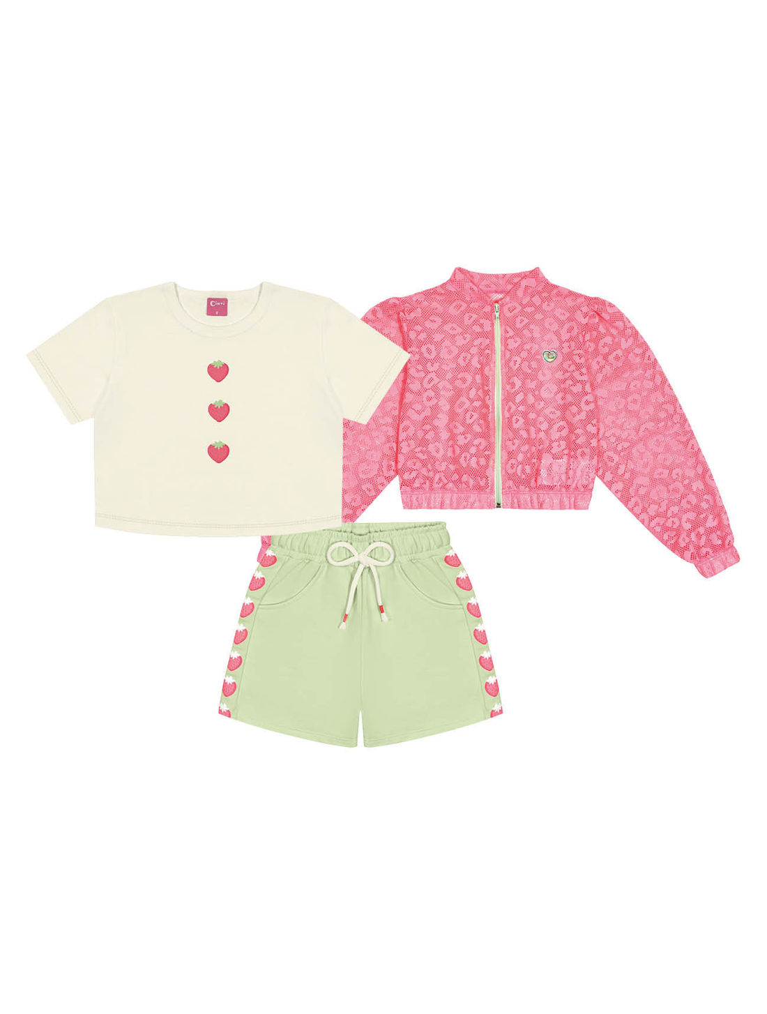 Conjunto Infantil Menina Blusa; Short E Corta Vento Strawberry Natural; Rosa E Verde Cinti
