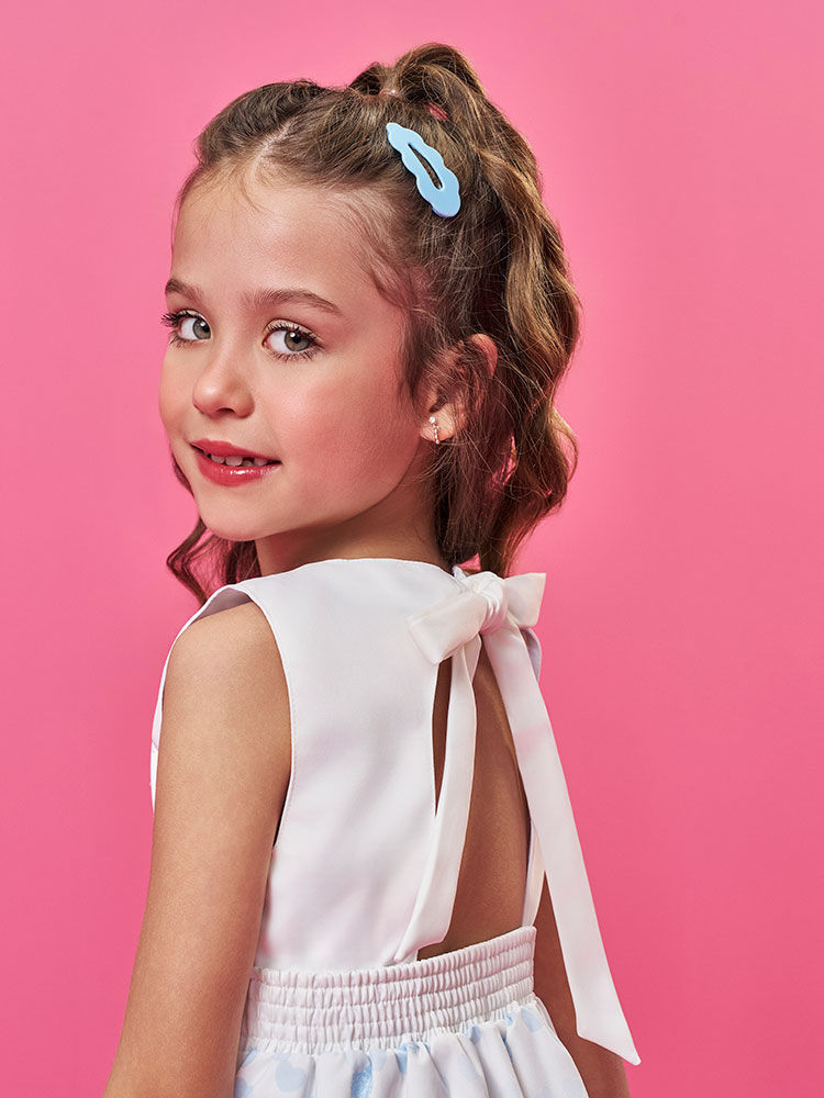 Vestido Infantil em Cetim Glow com Estampa de Ursinhas – Vestido Menina Verão com Strass AZUL PORCELANA