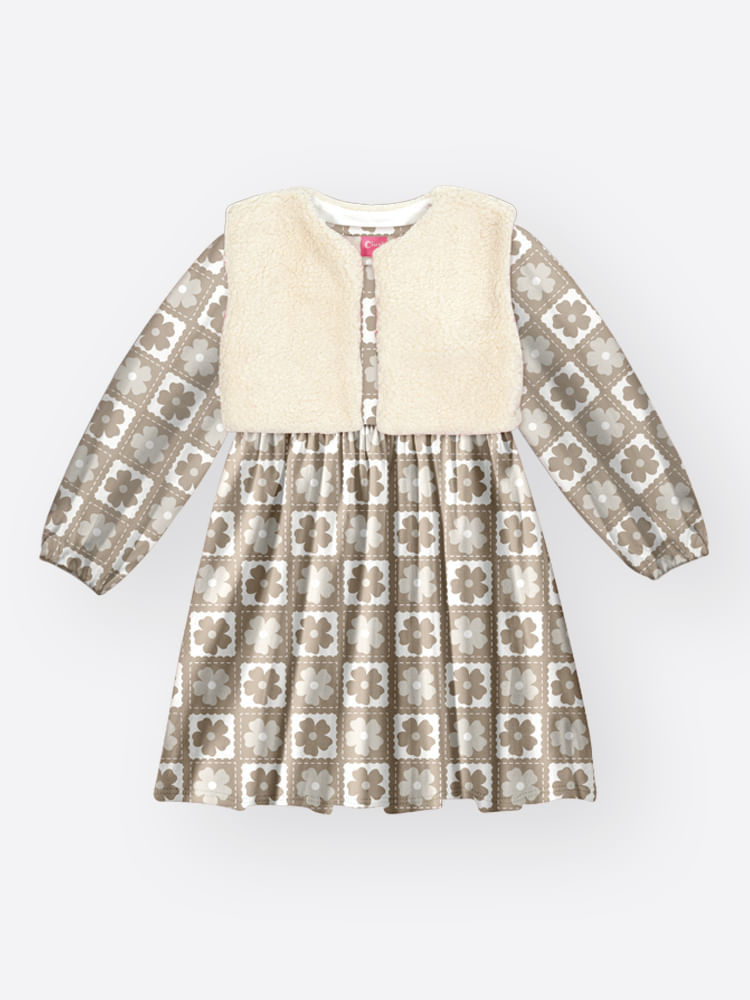 Vestido Infantil Menina com Colete de Carneirinho – Vestido Elegante Estampa Floral Mundo Cinti