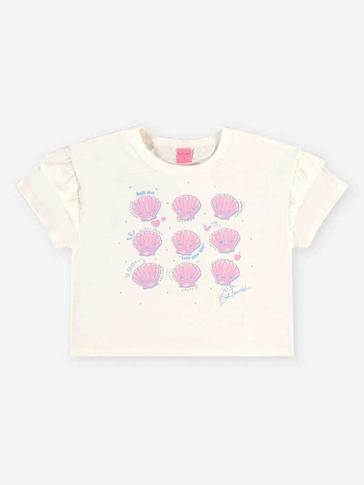 Conjunto Infantil Menina Blusa Boxy Conchas e Short-Saia com Strass