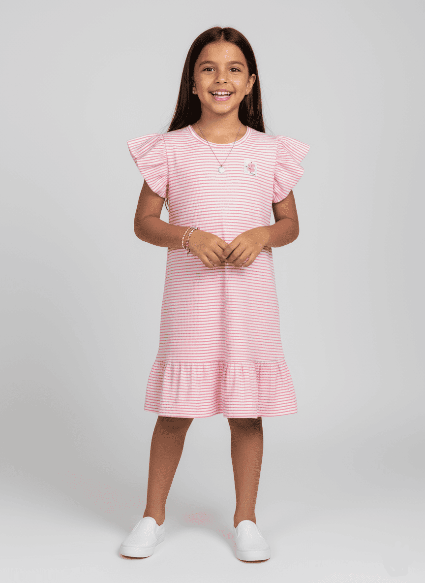 Vestido Infantil com Babados Listrado Rosa Abrange