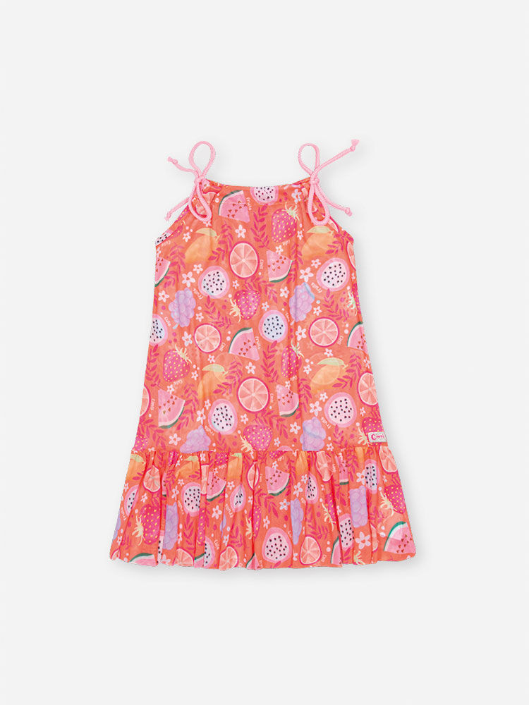 Vestido Saída de Praia Infantil em Tule com Estampas Divertidas LARANJA NEON FORTE