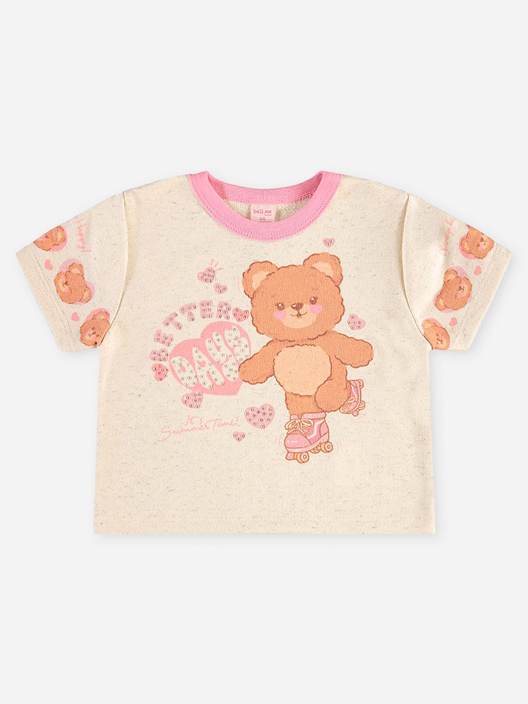 Conjunto Bebê Blusa de Ursinha e Short Clochard com Linho