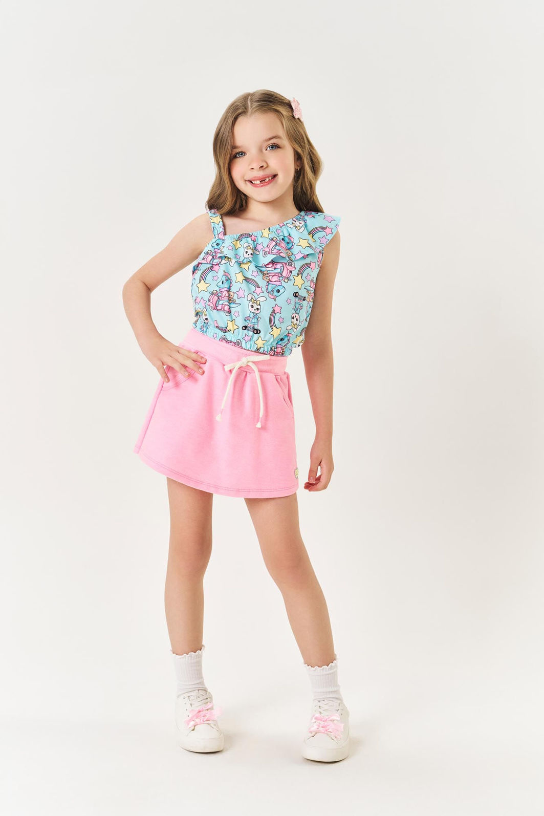 Conjunto Infantil Menina Blusa Dino E Short Azul Mundo Cinti