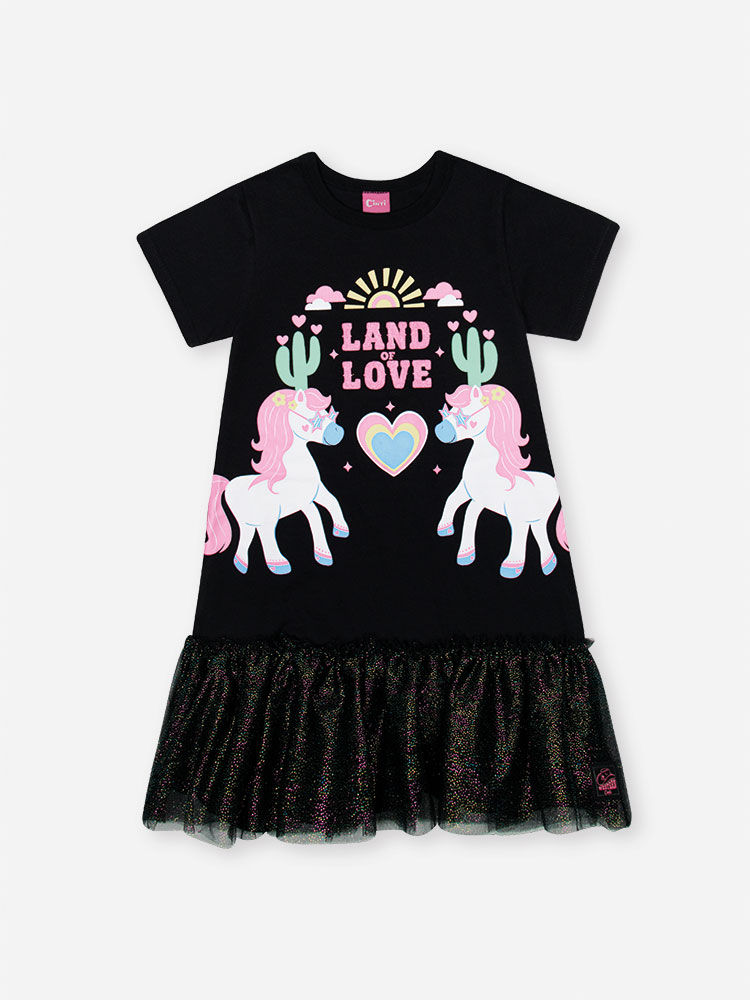 Vestido Infantil de Unicórnio e Bolsa – Vestido Menina Preto com Tule Foil PRETO