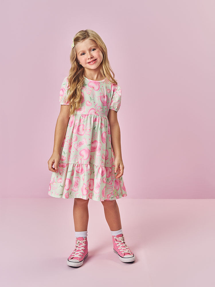 Vestido Infantil Menina Coração do Amor Verde Mundo Cinti