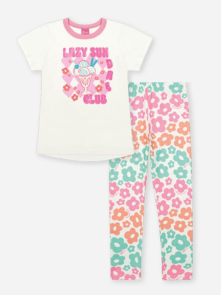 Conjunto Infantil Neon Love com Blusa em Meia Malha e Legging Floral em Suplex – Look Menina Verão c NATURAL/RS BARBIE