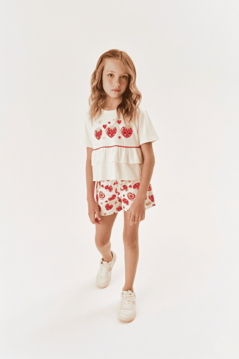 Conjunto Infantil Menina Blusa E Short Strawberry Natural E Vermelho Cinti Conjunto Infantil Menina Blusa E Short Strawberry Natural E Vermelho Cinti