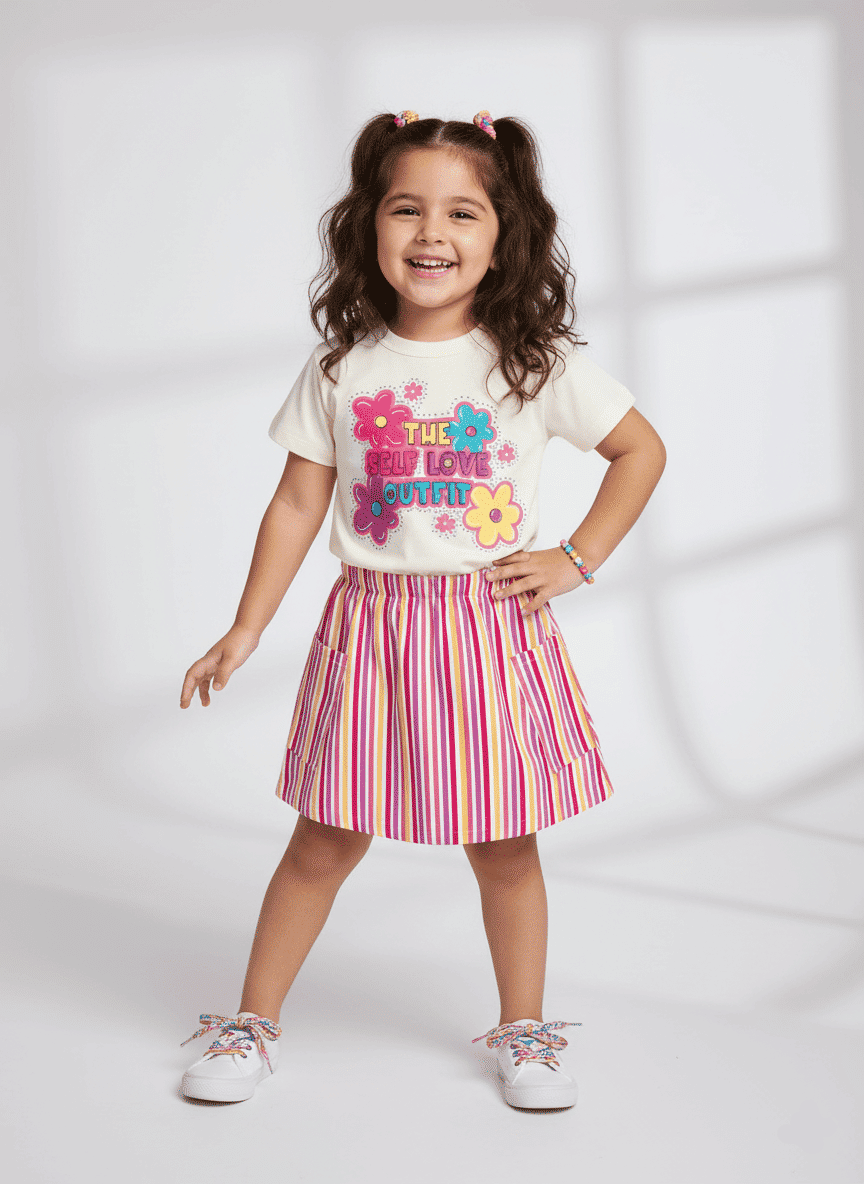 Conjunto Blusa E Saia Listrada Natural E Rosa Neon Abrange Conjunto Blusa E Saia Listrada Natural E Rosa Neon Abrange