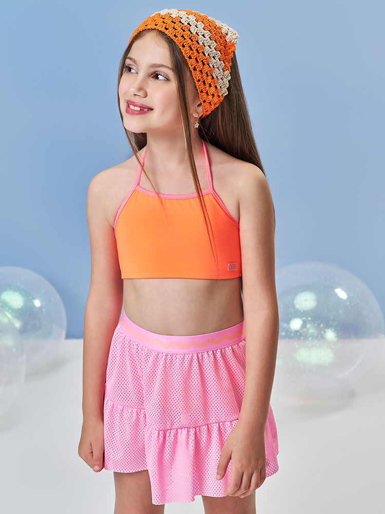 Biquíni Infantil em Malha UV Neon – Moda Praia Menina Verão com Proteção UV e Cores Vibrantes LARANJA NEON FORTE