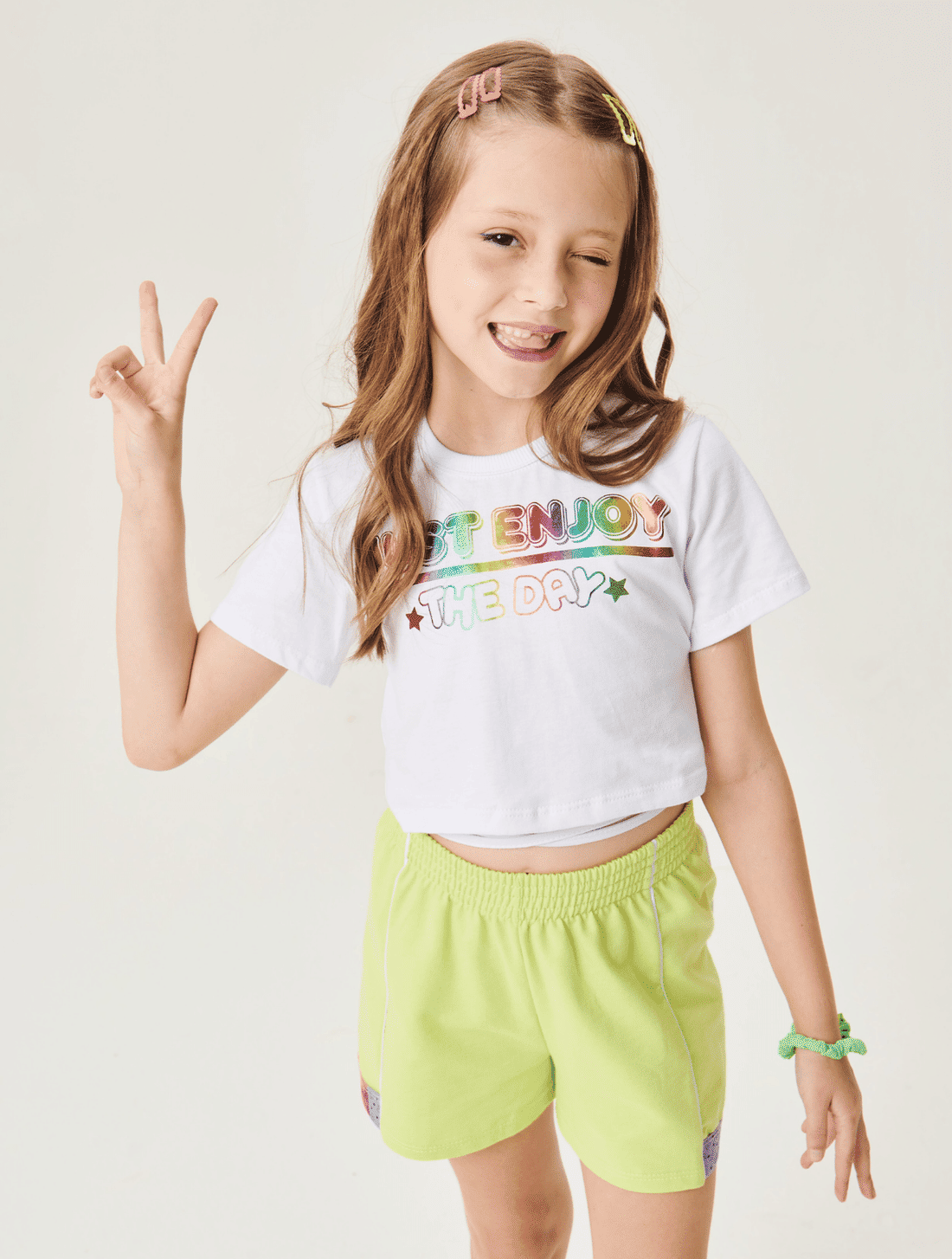 CONJ BLUSA E SHORTS BRANCO/VERDE LIME