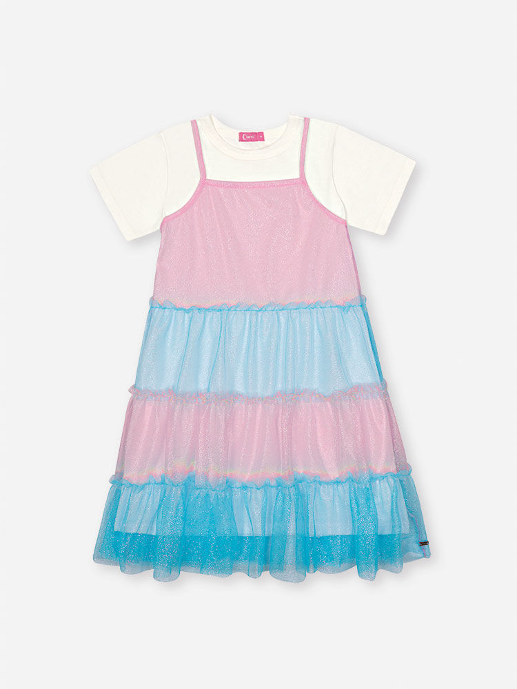Vestido Infantil Neon Love em Meia Malha com Tule Foil – Vestido Menina Verão Colorido com Sobreposi NATURAL/RS IOGURTE