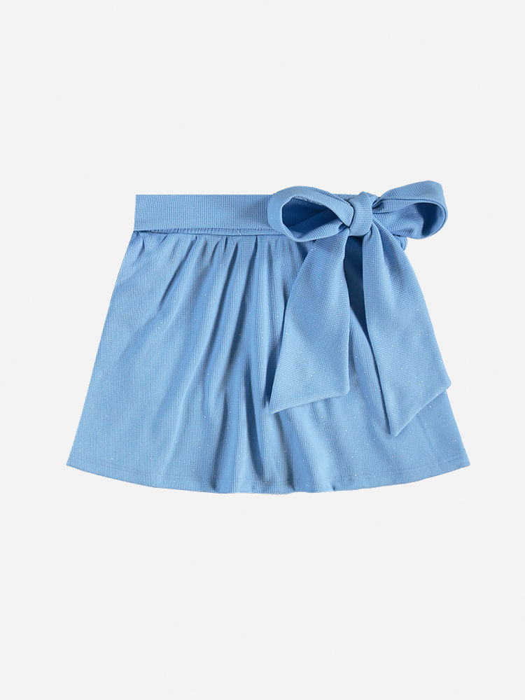 Conjunto Infantil Menina Blusa Floral e Saia-Short Azul com Laço