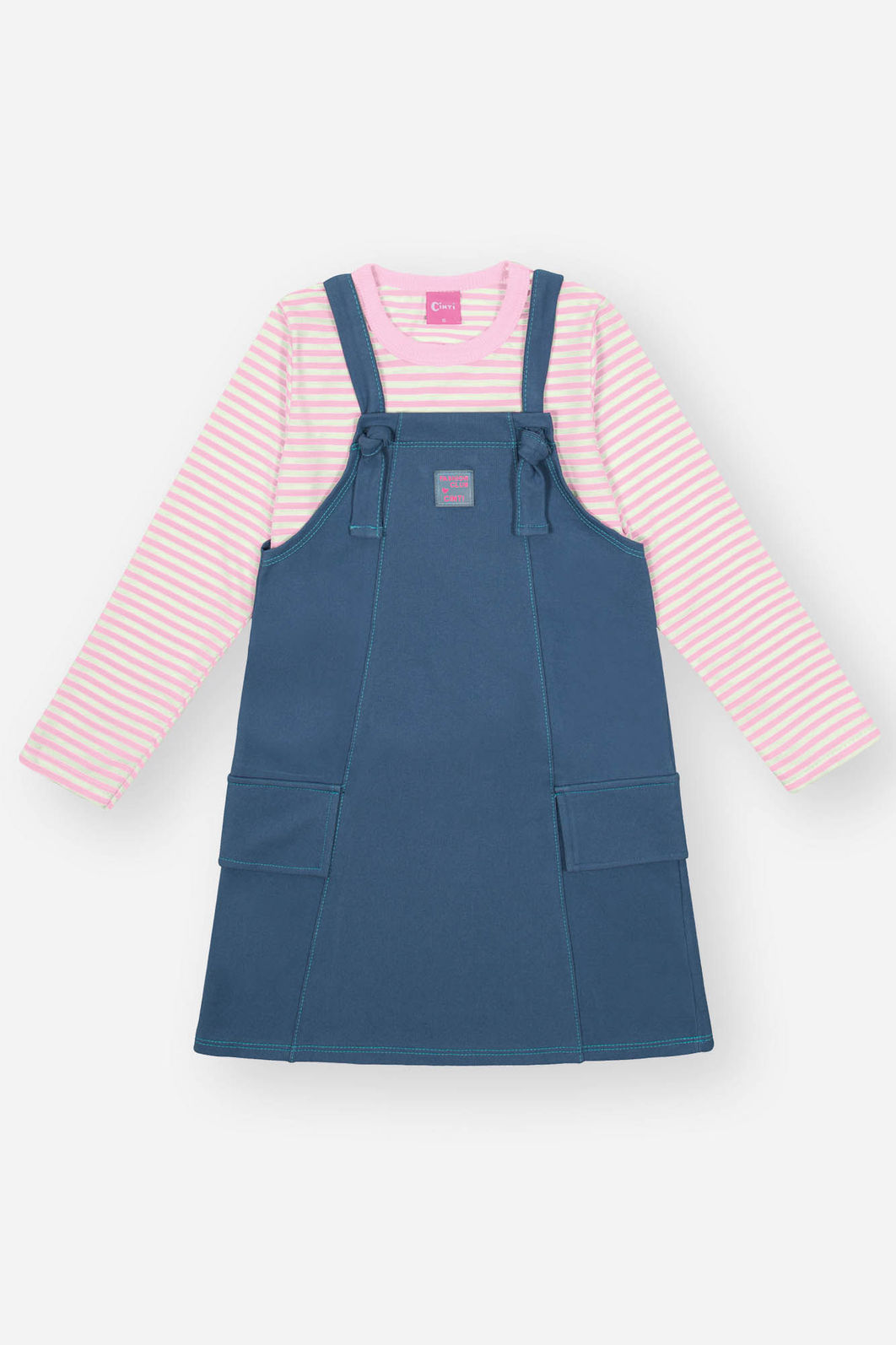 Conjunto Infantil Menina Blusa Listrada E Salopete Rosa Mundo Cinti