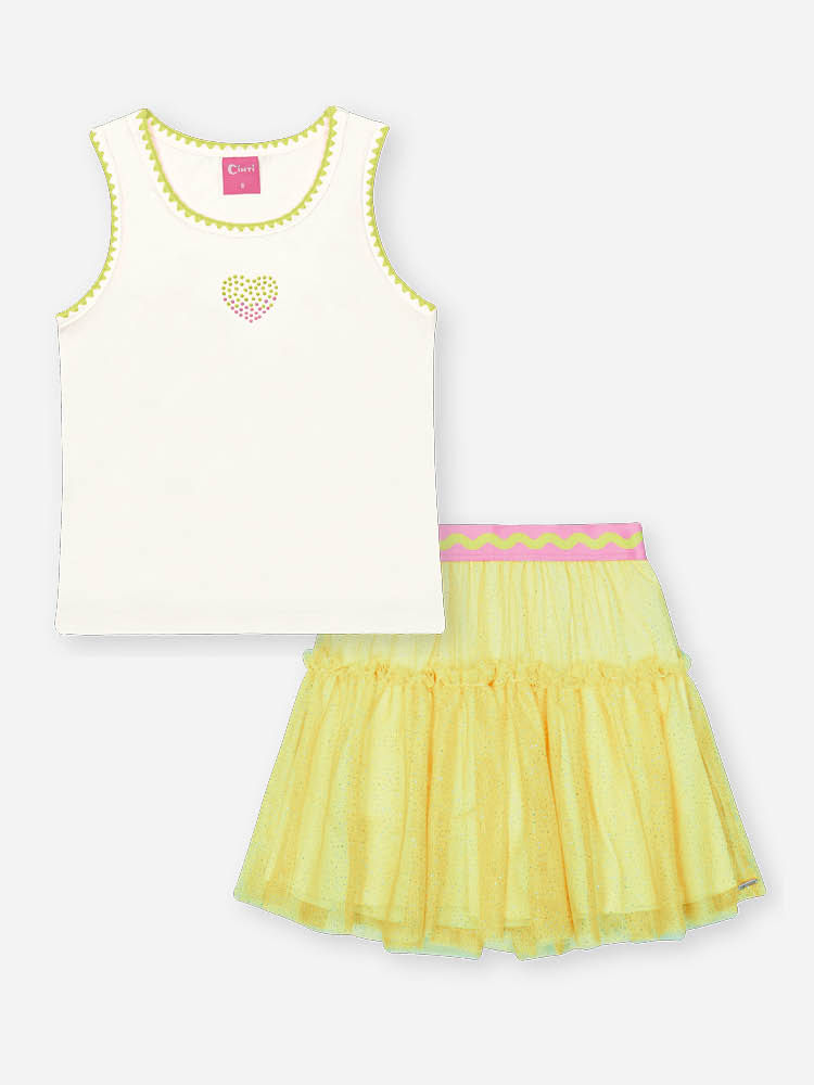 Conjunto Infantil Neon Love com Regata em Cotton e Saia Shorts em Tule Glitter – Look Menina Verão c NATURAL/AMARELO NEON