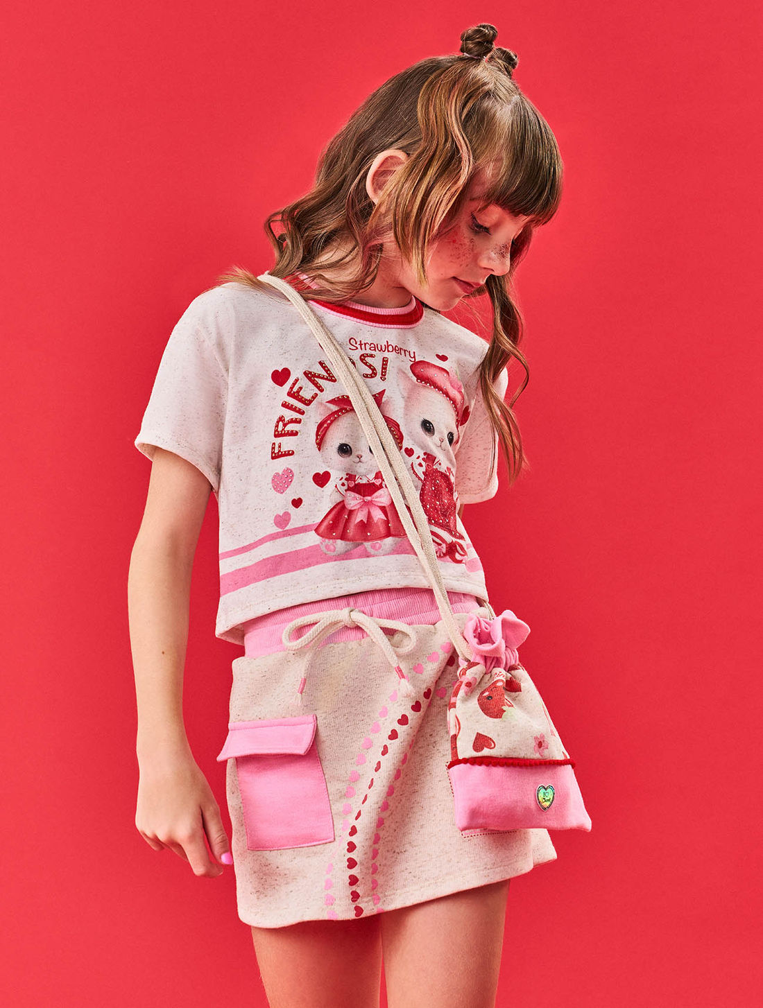 Conjunto Infantil Menina Blusa Gatinha; Short-Saia E Bolsa Strawberry Off White E Verde Cinti