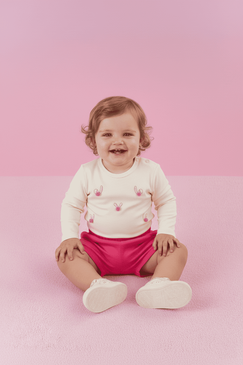 Conjunto Bebê Menina Blusa Pompom E Short Rosa Neon Mundo Cinti