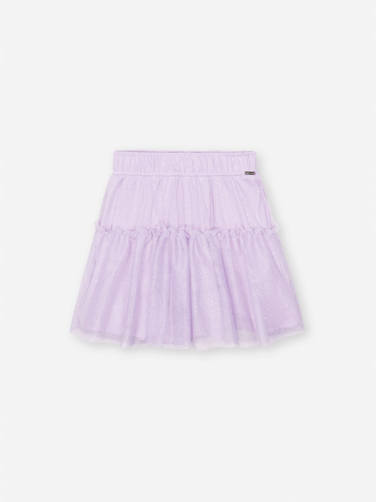 Saia Shorts Infantil em Tule Glitter e Meia Malha – Saia Menina Verão com Shorts Interno LILAS BRUMA