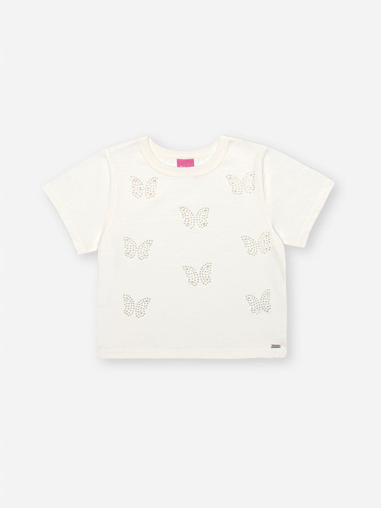Blusa Infantil Boxy com Borboletas e Strass – Camiseta Menina em Meia Malha Verão NATURAL